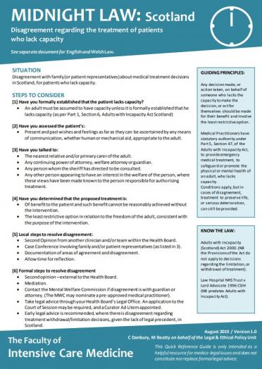 Disagreement regarding the treatment of patients who lack capacity (Scotland)