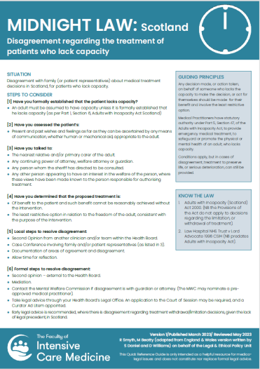 Disagreement regarding the treatment of patients who lack capacity (Scotland)